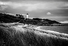 Nobska Lighthouse Overlooking Beach in Massachusetts -BW